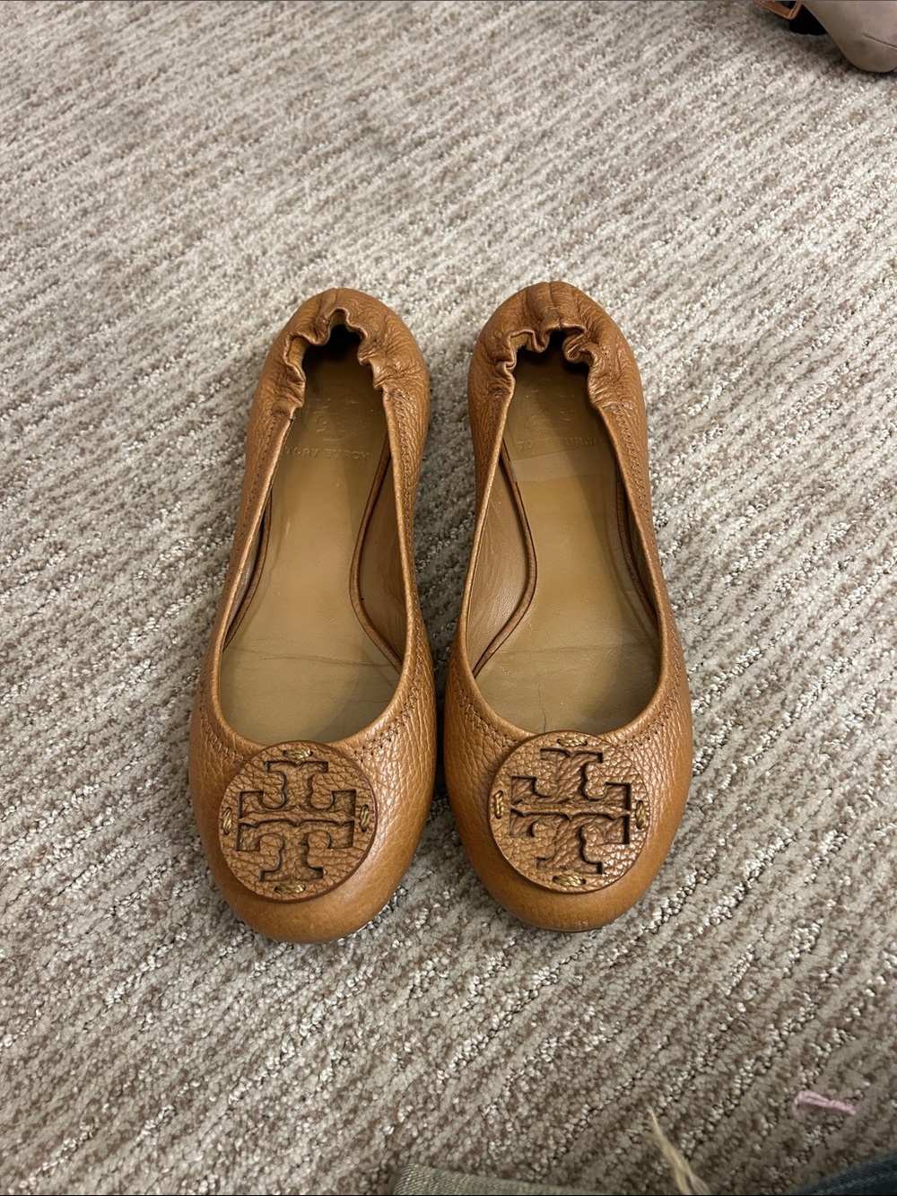 Tory Burch Cognac Pebbled Leather Logo Ballet Flats